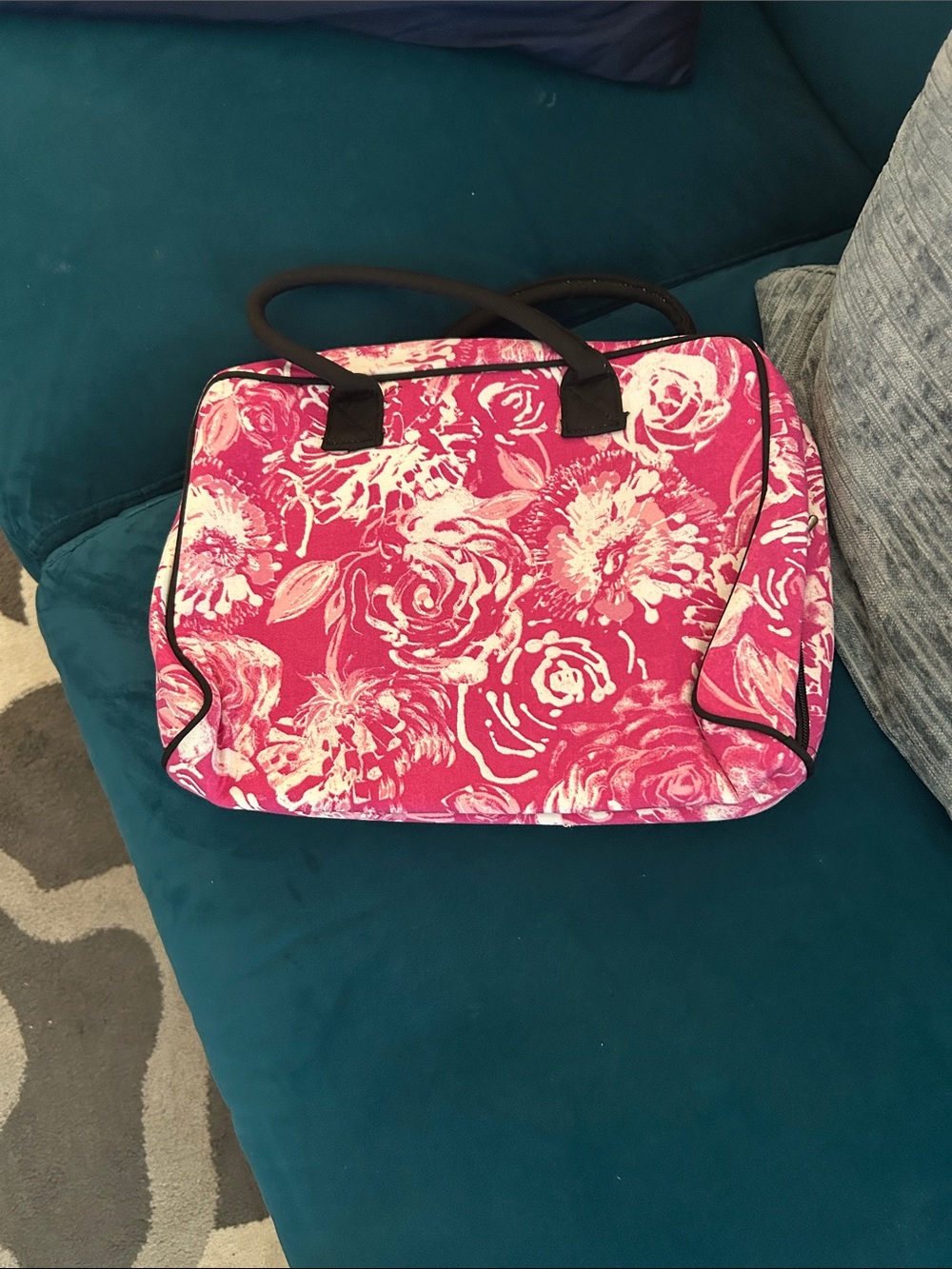 Floral Pink Canvas traveling Tote Bag with Black Handles